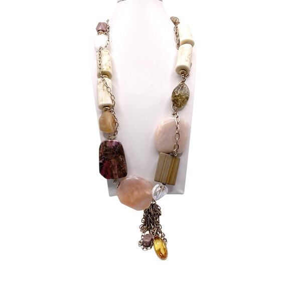 Vintage Multi Gemstones Chunky Necklace Quartz Amber 1990s 24” Pendant - Picture 2 of 5